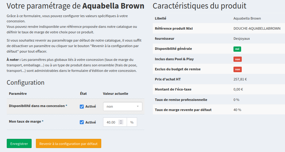 La direction de la concession peut configurer ses tarifs de pose.